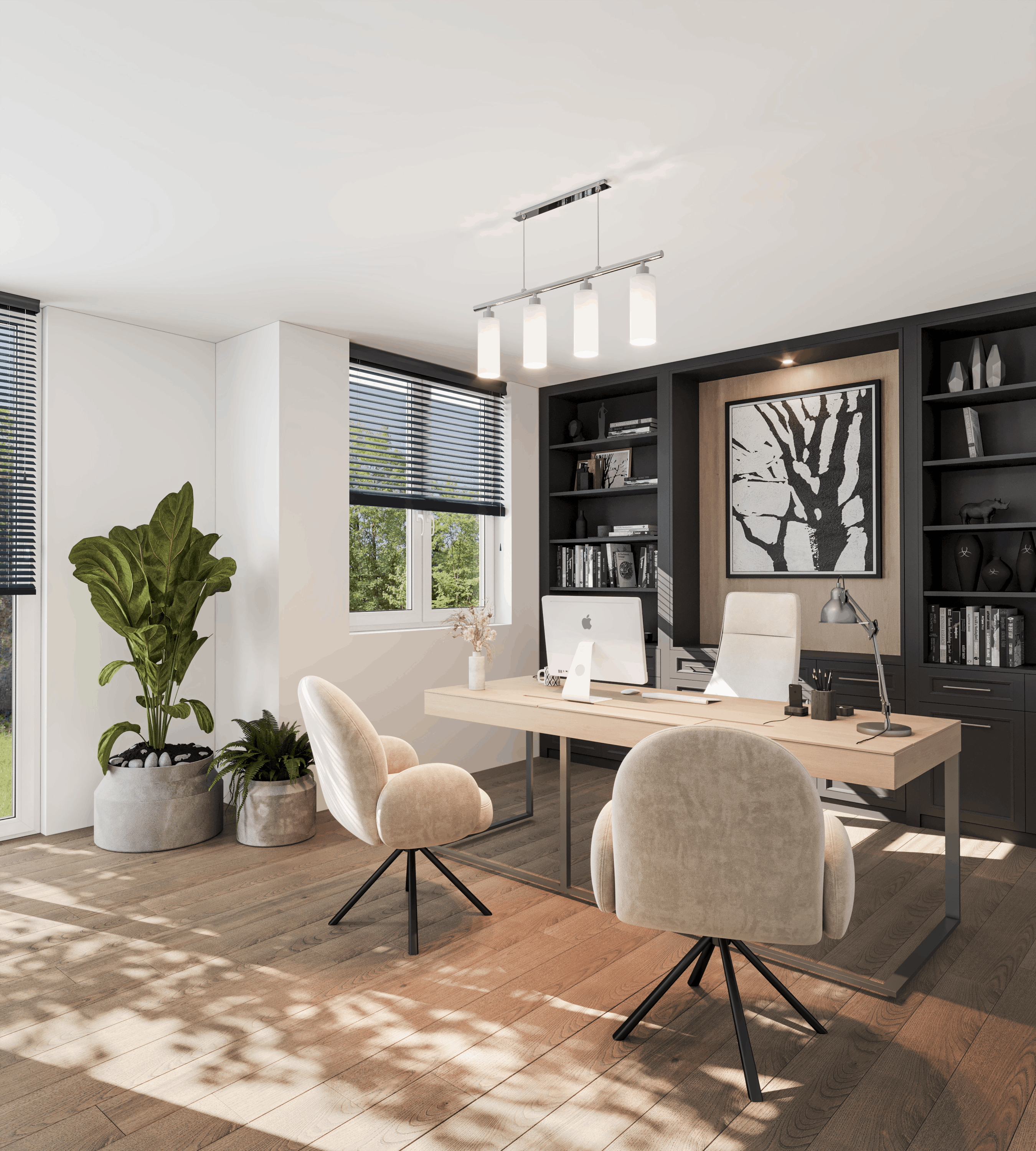 Das moderne Arbeitszimmer besticht durch einen freistehenden Holzschreibtisch, bequeme beige Polsterstühle und eine elegante, dunkle Einbauschrankwand. Natürliches Sonnenlicht, das durch die Fenster auf den warmen Parkettboden fällt, sowie große Zimmerpflanzen sorgen für eine einladende und produktive Atmosphäre.